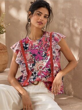 Anthropologie Conditions Apply Floral Flutter Sleeve Pink Boho Top XS NWT